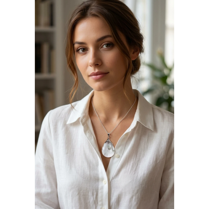 Pendentif Goutte en Nacre Blanche et Argent 925 - Design Arabesque