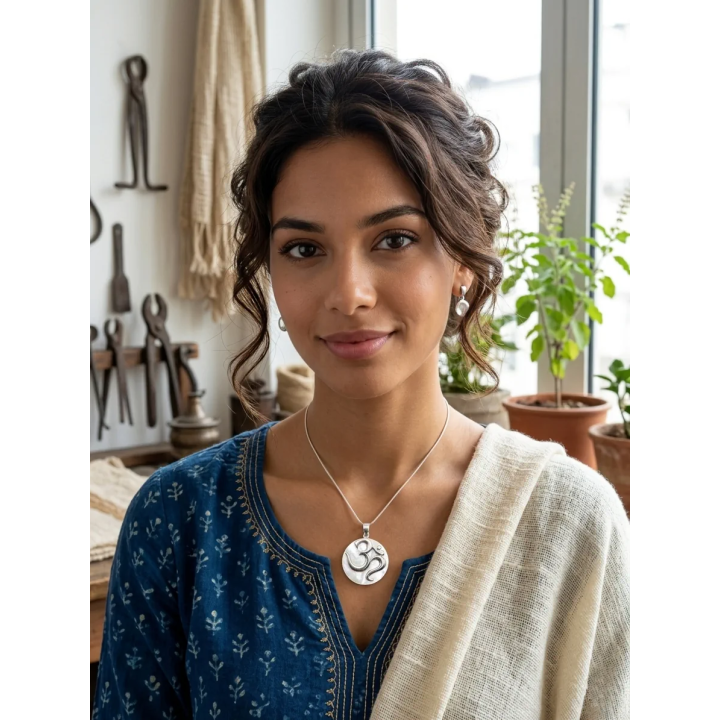 Pendentif Om en Nacre Blanche et Argent 925 - Bijou Spirituel