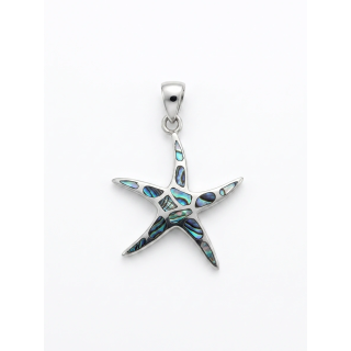 Pendentif étoile de mer en argent et nacre abalone sur fond blanc