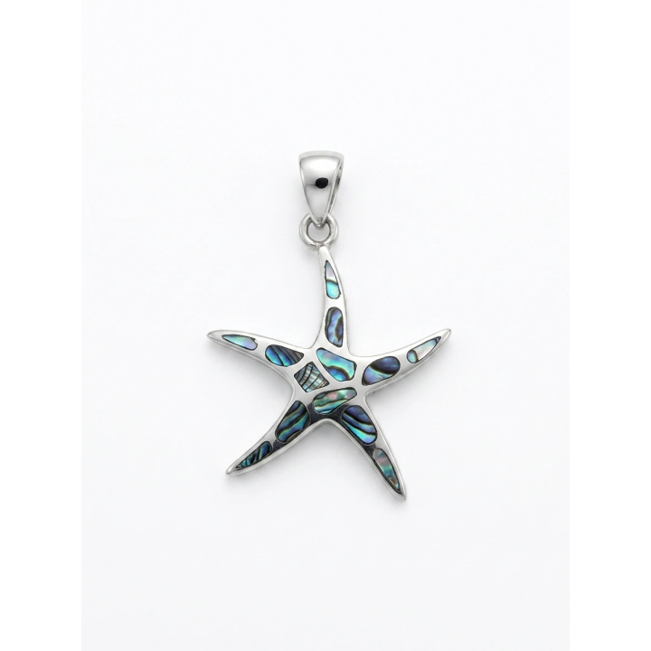 Pendentif étoile de mer en argent et nacre abalone sur fond blanc
