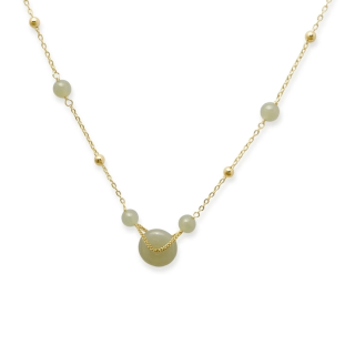Collier Fin Jade Vert et Plaqué Or – Pendentif Symbole de Protection "Ping An Kou"
