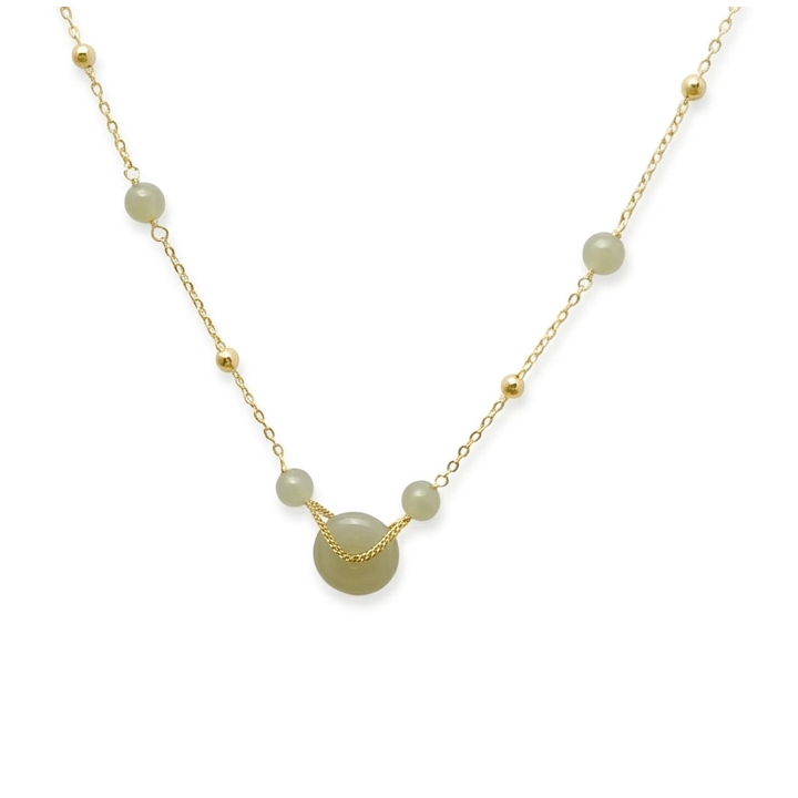Collier Fin Jade Vert et Plaqué Or – Pendentif Symbole de Protection "Ping An Kou"