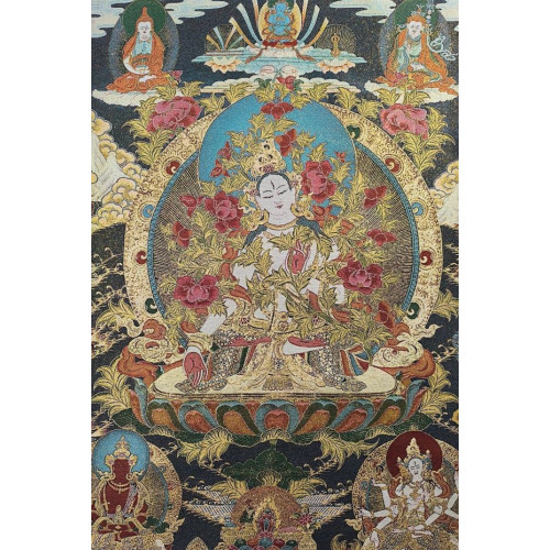 Thangka tissé représentant Tara Blanche assise sur un lotus