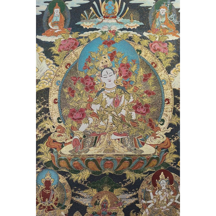 Thangka tissé représentant Tara Blanche assise sur un lotus