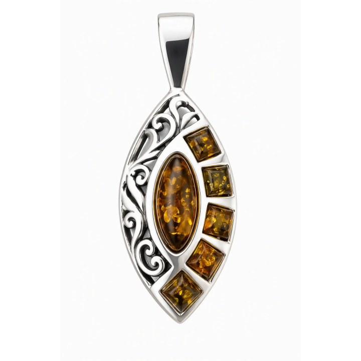 Pendentif Ambre Baltique et Argent 925 à Motifs Ajourés