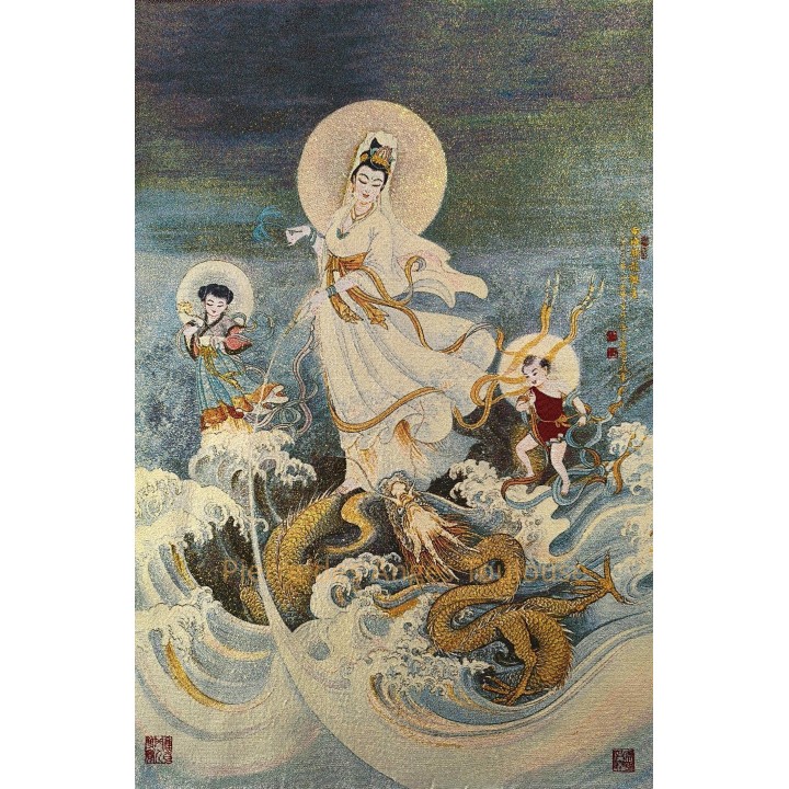 Thangka Guanyin sur Dragon – Protection et Compassion