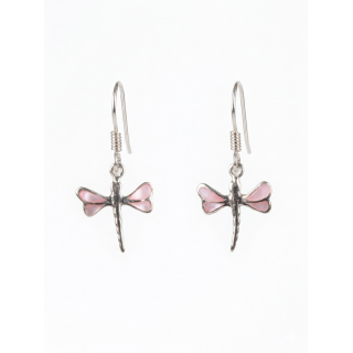 Boucles d’Oreilles Libellule en Nacre Rose & Argent