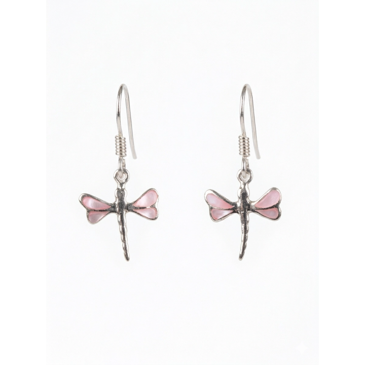 Boucles d’Oreilles Libellule en Nacre Rose & Argent