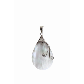 Pendentif Goutte en Nacre Blanche et Argent 925 - Design Arabesque