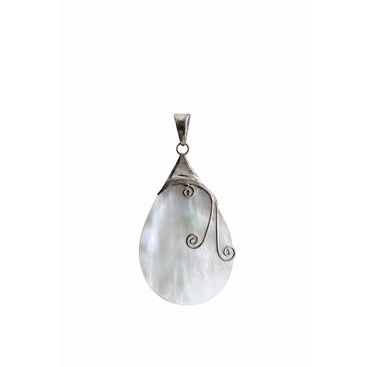 Pendentif Goutte en Nacre Blanche et Argent 925 - Design Arabesque